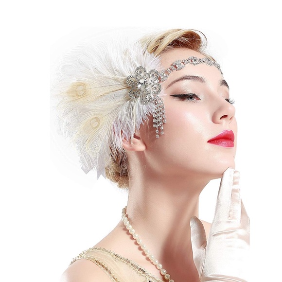 Accessories - Headpiece with Peacock Feather Flapper White